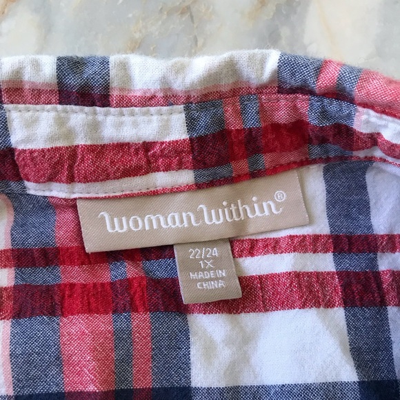 Cotton Shirt Button Down Roll Tab Short Sleeve Red White Blue Woman Within Sz 1X - Picture 9 of 10